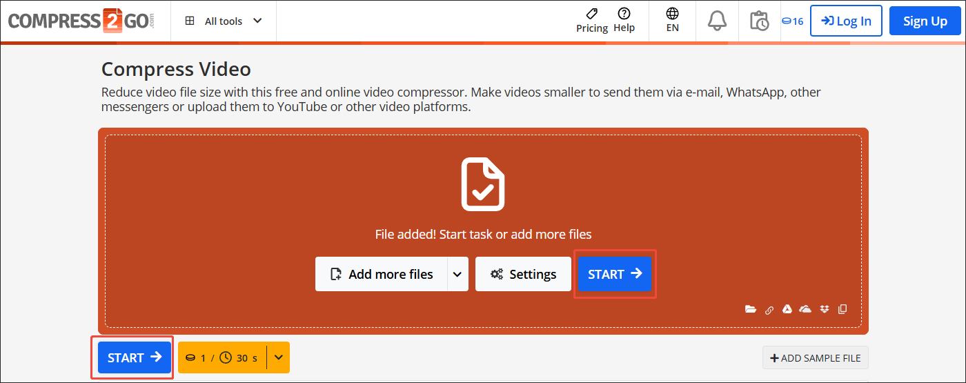 Click on START in Online File Compressor to start the compression process