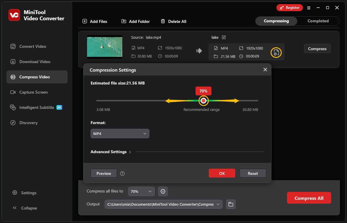 MiniTool Video Converter interface showing how to adjust the compression level