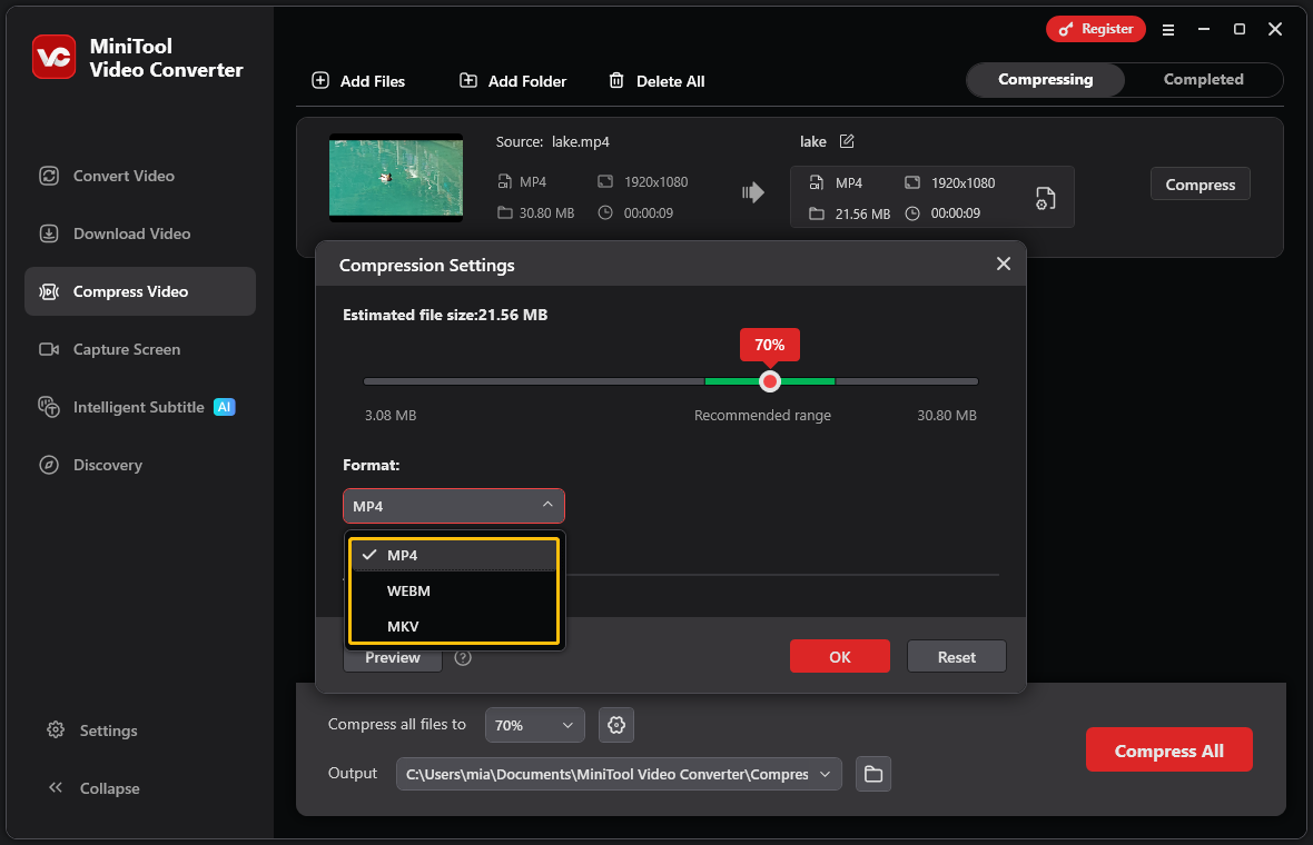 MiniTool Video Converter interface showing MP4, WEBM, and MKV 3 output formats highlighted