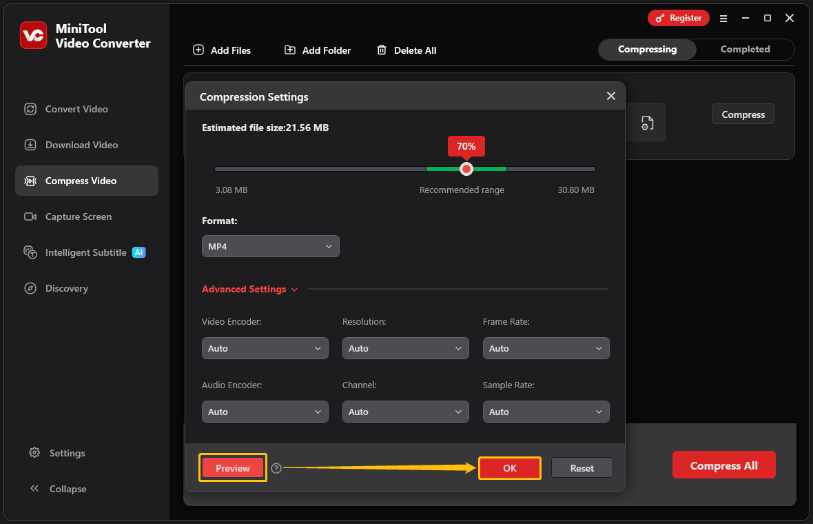 MiniTool Video Converter interface with the Preview button and the OK button highlighted