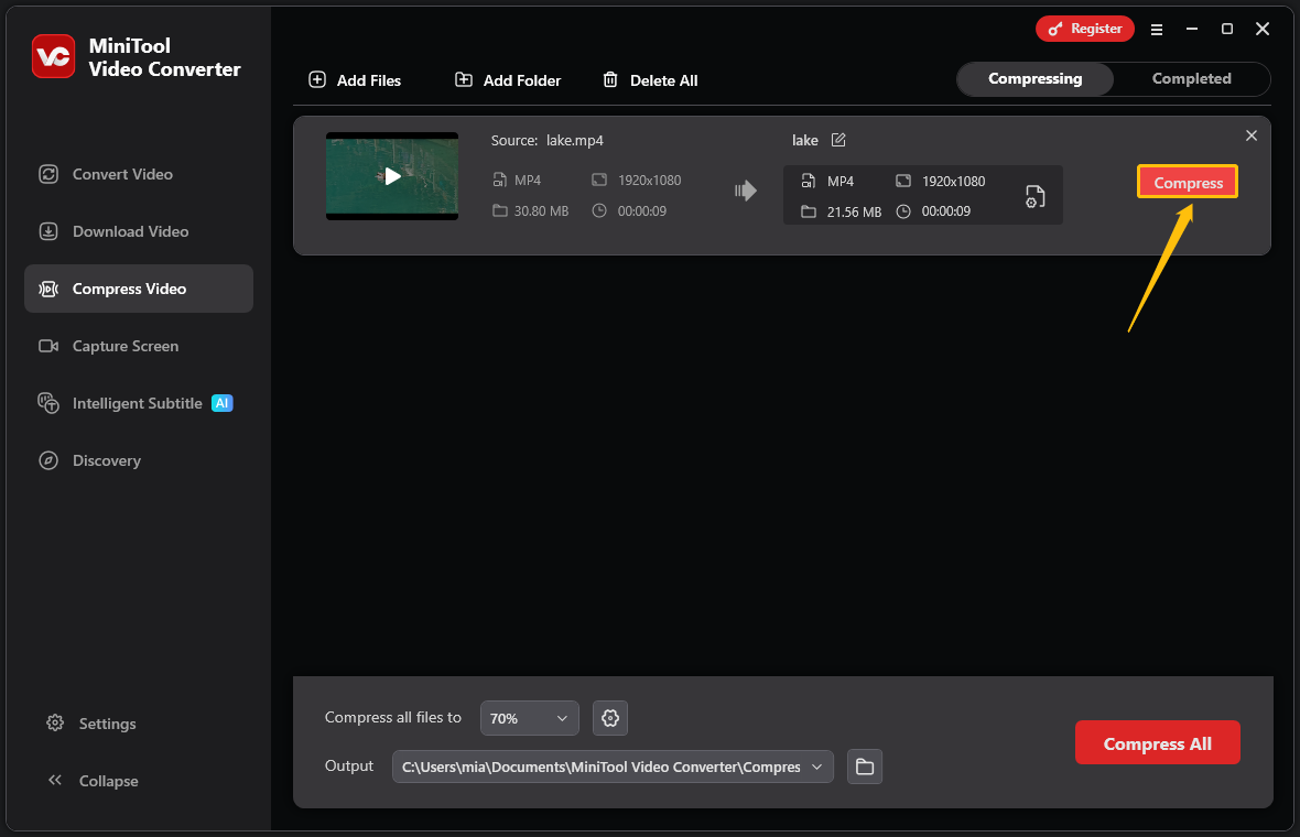 MiniTool Video Converter interface with the Compress button highlighted