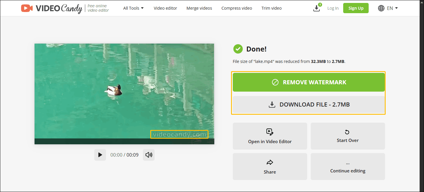 Video Candy’s online video compressor page showing compressed video and download options
