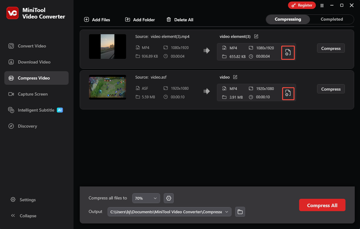 Click on the Settings icon in MiniTool Video Converter to enter the Compression Settings window