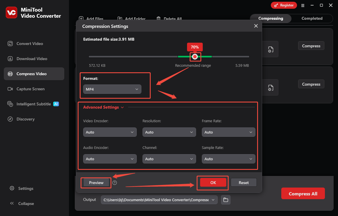The Compression Settings window of MiniTool Video Converter