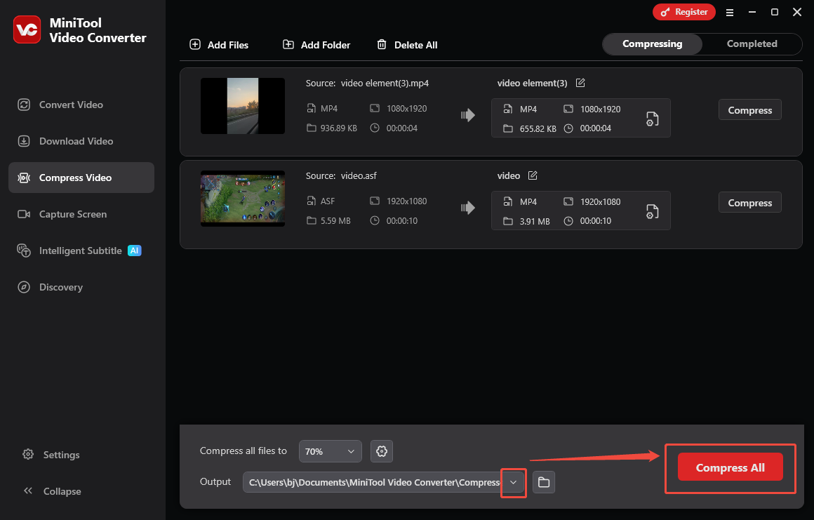 Expand the Output option and click on Compress All in MiniTool Video Converter to start the compression tasks