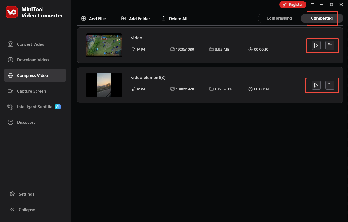 Click on the Play icon or the Folder icon in MiniTool Video Converter to view or locate the output files