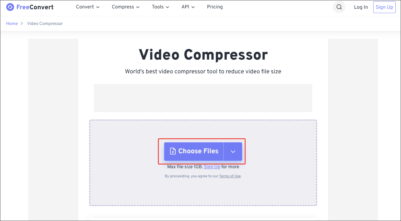 Click on Choose Files in FreeConvert Video Compressor to import the video files