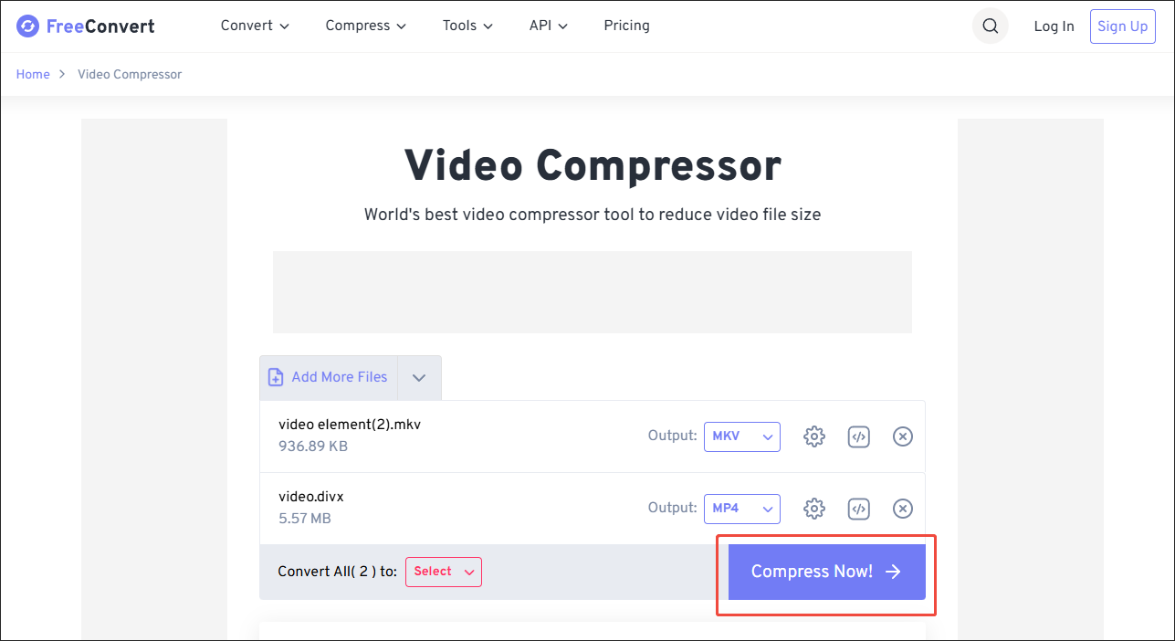 Click on Compress Now in FreeConvert Video Compressor to begin the file compression