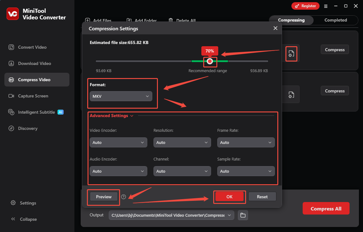 Configure the compression settings in the Compression Settings window of MiniTool Video Converter