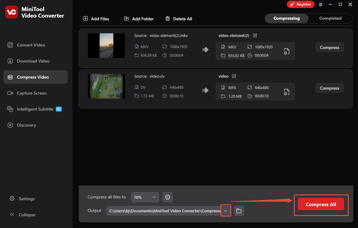 Expand the Output option and click on Compress All in MiniTool Video Converter to start the compression process