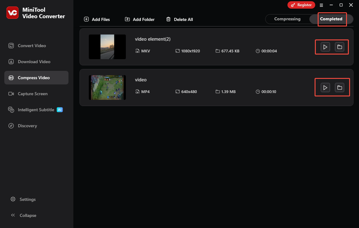 Click on the Play icon or Folder icon in MiniTool Video Converter to view or locate the compressed videos