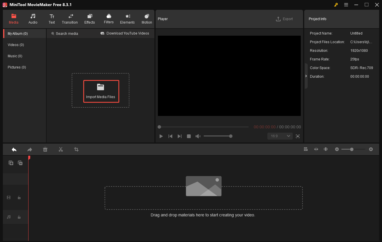 Click on Import Media Files in MiniTool MovieMaker to import the video file