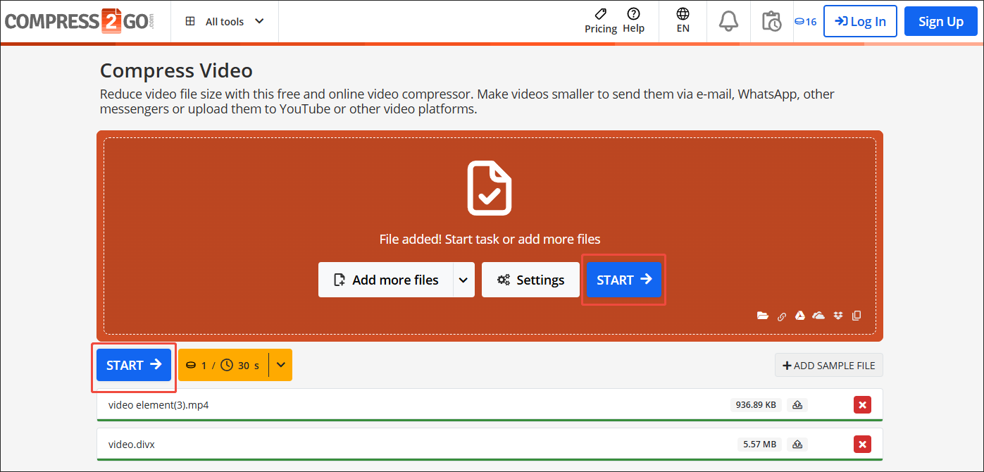 Click on START in Online File Compressor to begin the compression process