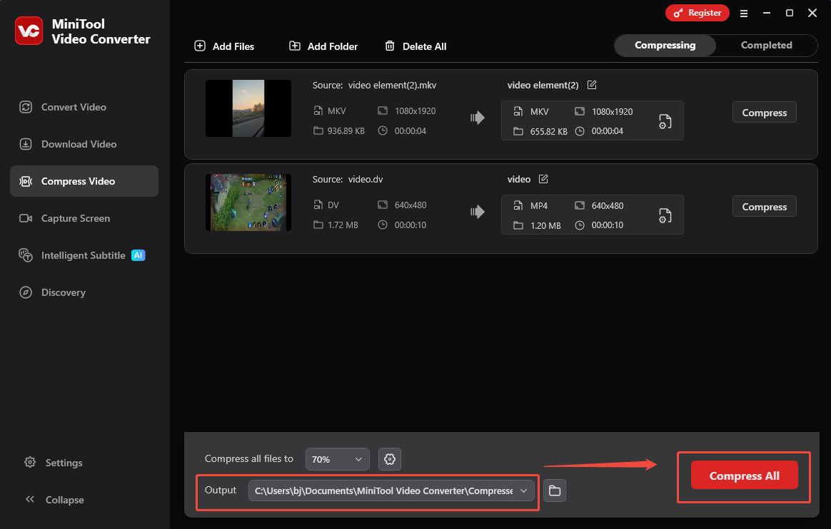 Expand the Output option and click on Compress All in MiniTool Video Converter to start the compression process