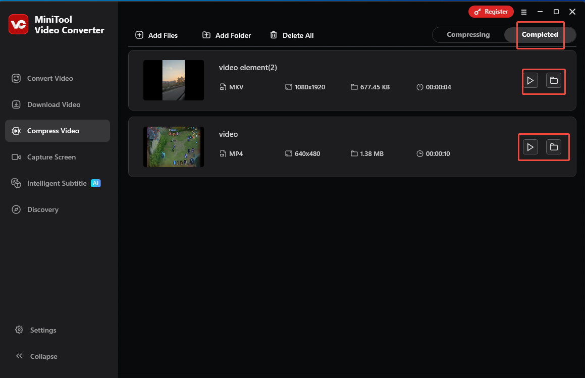 Click on the Play icon or the Folder icon in MiniTool Video Converter to view and locate the output files