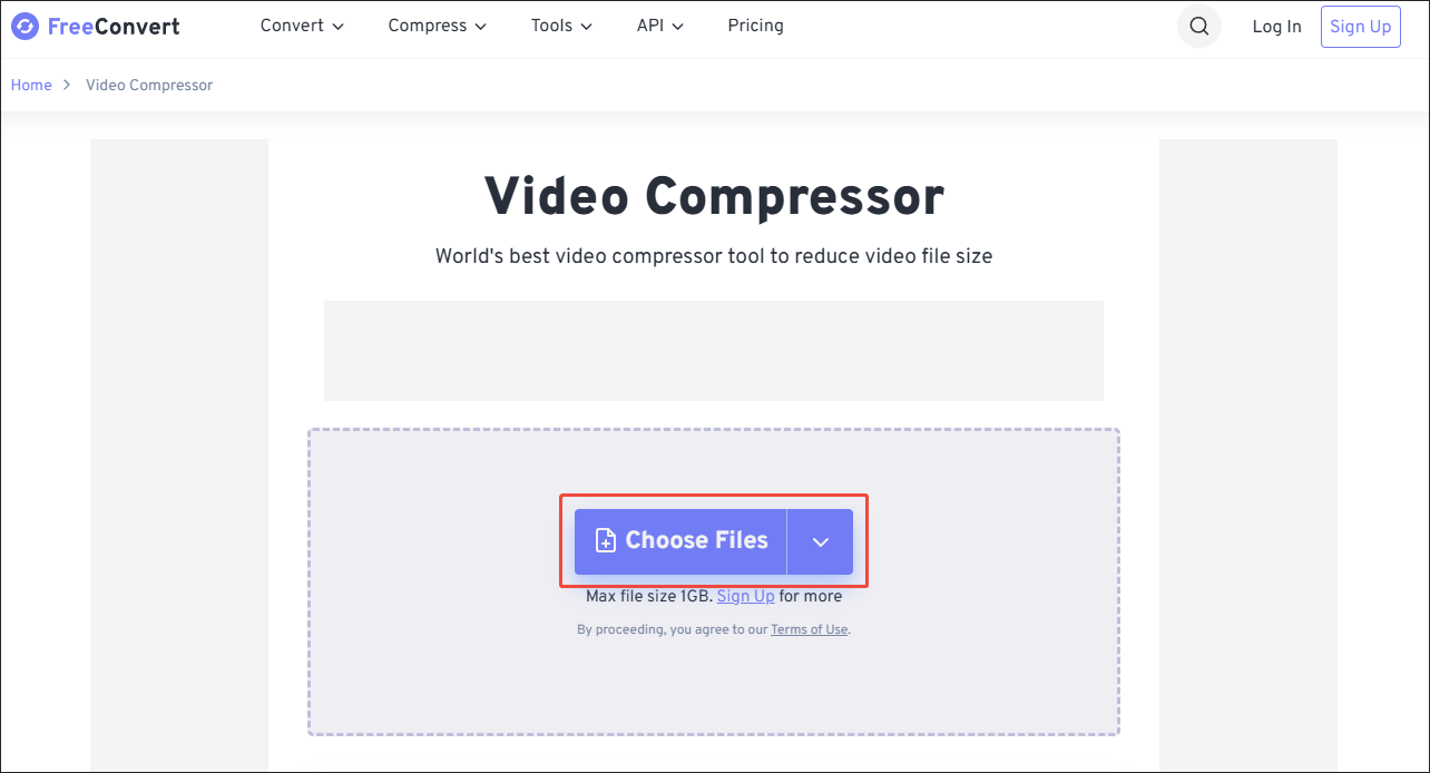 Click on Choose Files in FreeConvert Video Compressor to import the Padlet video
