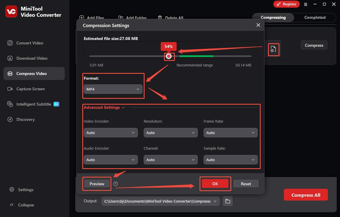 Configure the compression settings in the Compression Settings window of MiniTool Video Converter