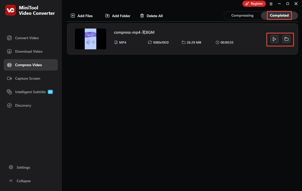 Click on the Play icon or the Folder icon in MiniTool Video Converter to view or locate the output file