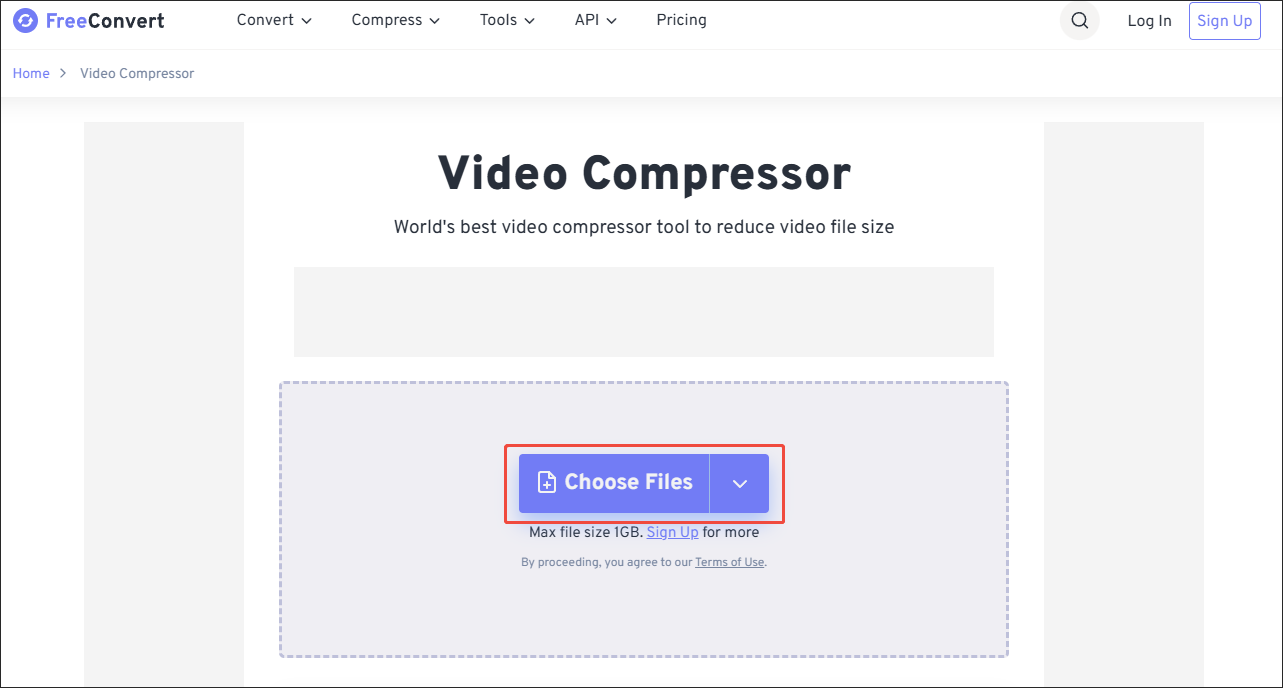 Click on Choose Files in FreeConvert Video Compressor to import the Shopee video