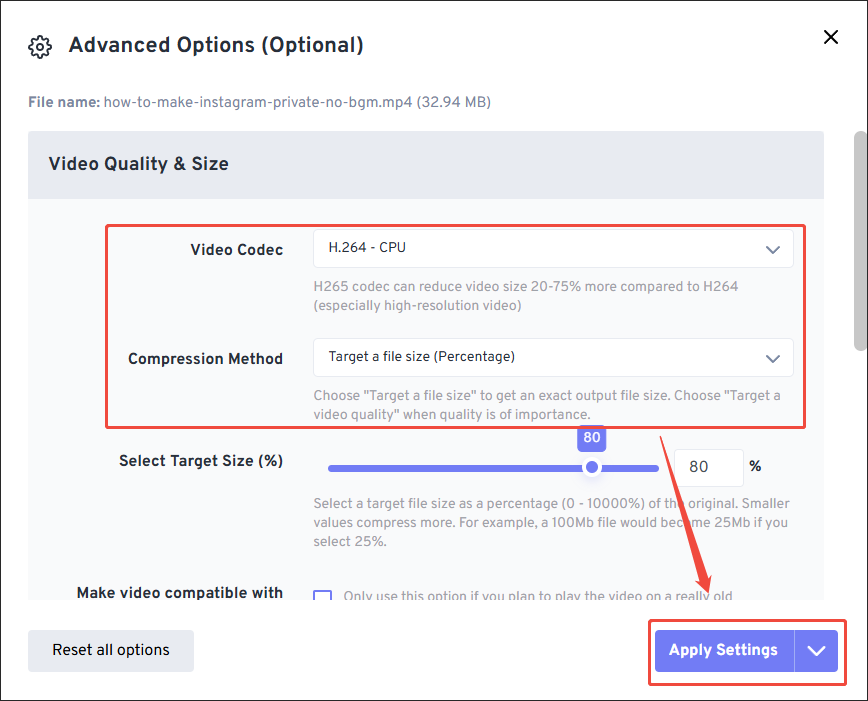 The Advanced Options window of Shopee