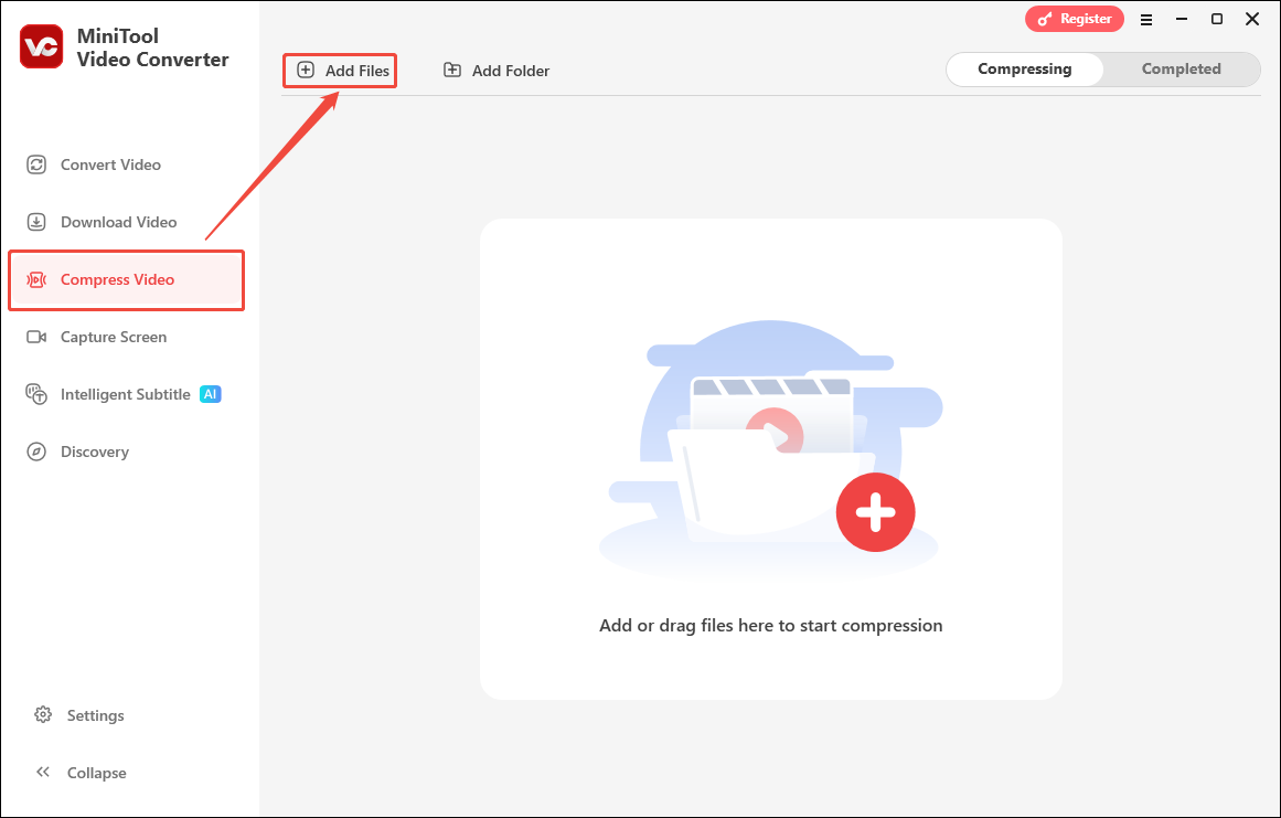 Click the Add Files option in the Compress Video tab of MiniTool Video Converter to import your target videos