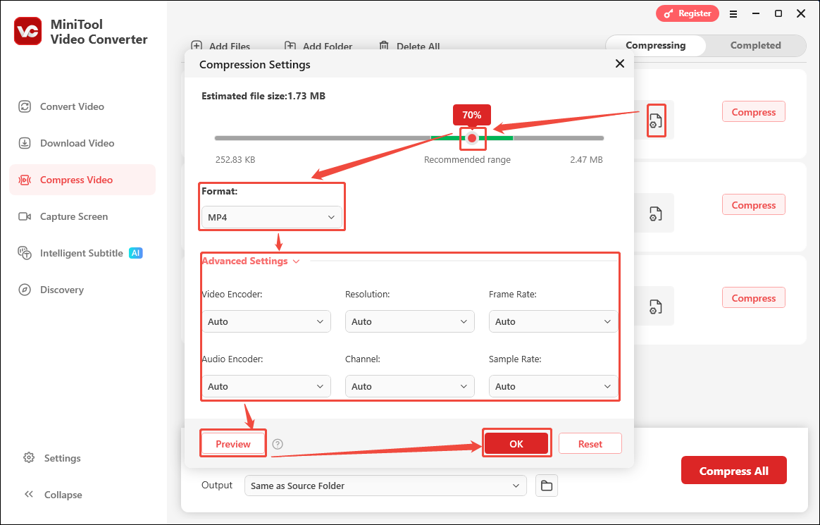 Customize the compression Settings and click the OK button in the Compression Settings window to apply the changes