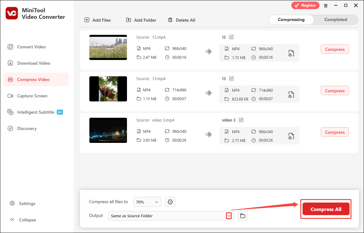 Expand the bottom Output option to choose a saving path and click the Compress All button in MiniTool Video Converter to start the compression