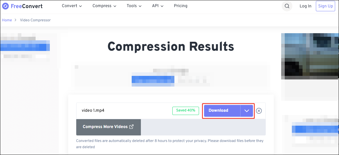 Click the Download button in FreeConvert to save the compressed video