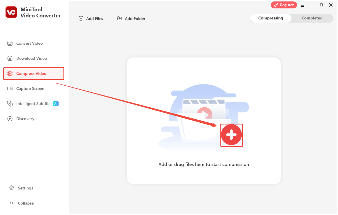 Click the Plus option in the Compress Video tab of MiniTool Video Converter to import your target video