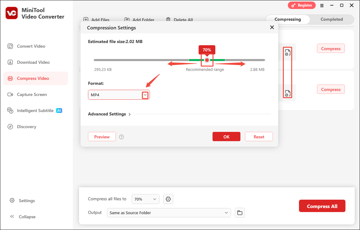 Drag the red dot and expand the Format option in the Compression Settings window to adjust the compression percentage and set an output format
