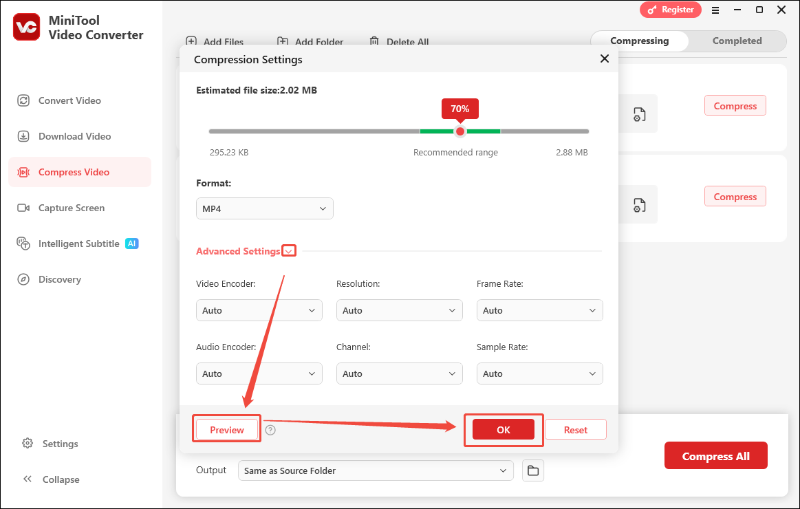 Expand the Advanced Settings option to specify the parameters and click the Preview button and the OK button in the Compression Settings window to save the changes