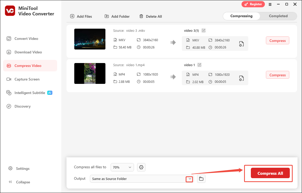 Expand the bottom Output option and click the Compress All button in MiniTool Video Converter to choose a storage location and start the compression