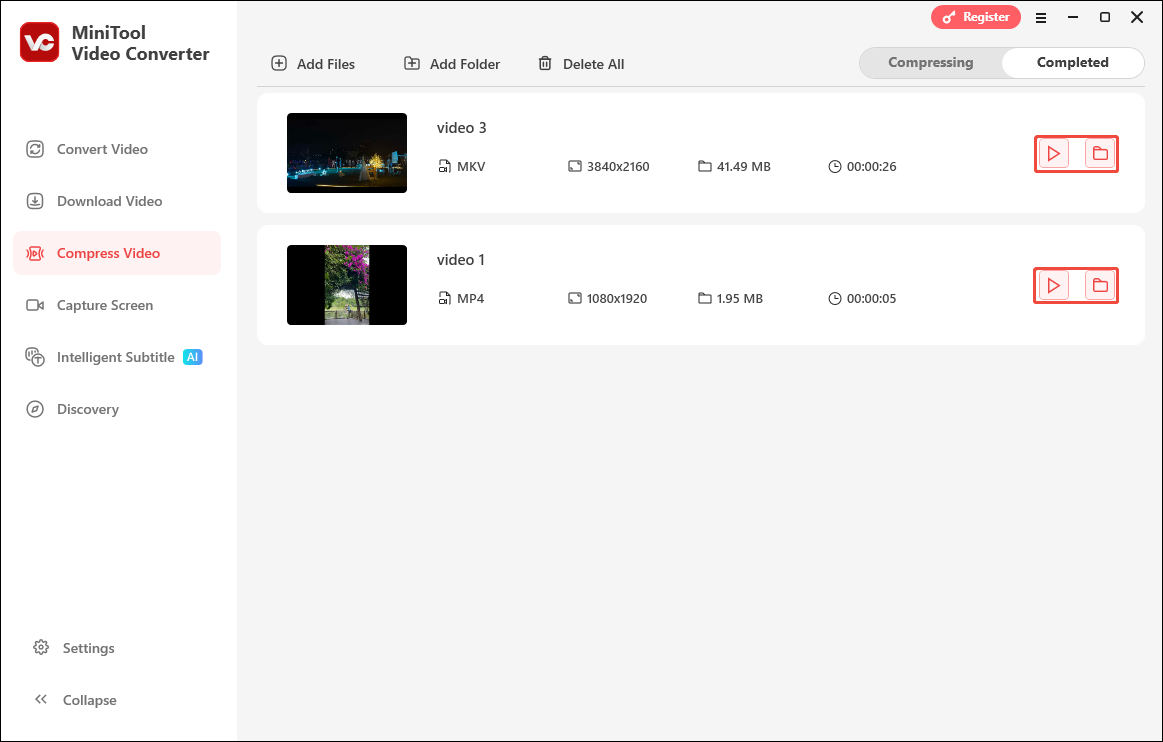 Click the Play icon or the Folder icon under the Completed tab of MiniTool Video Converter to view or locate the compressed video