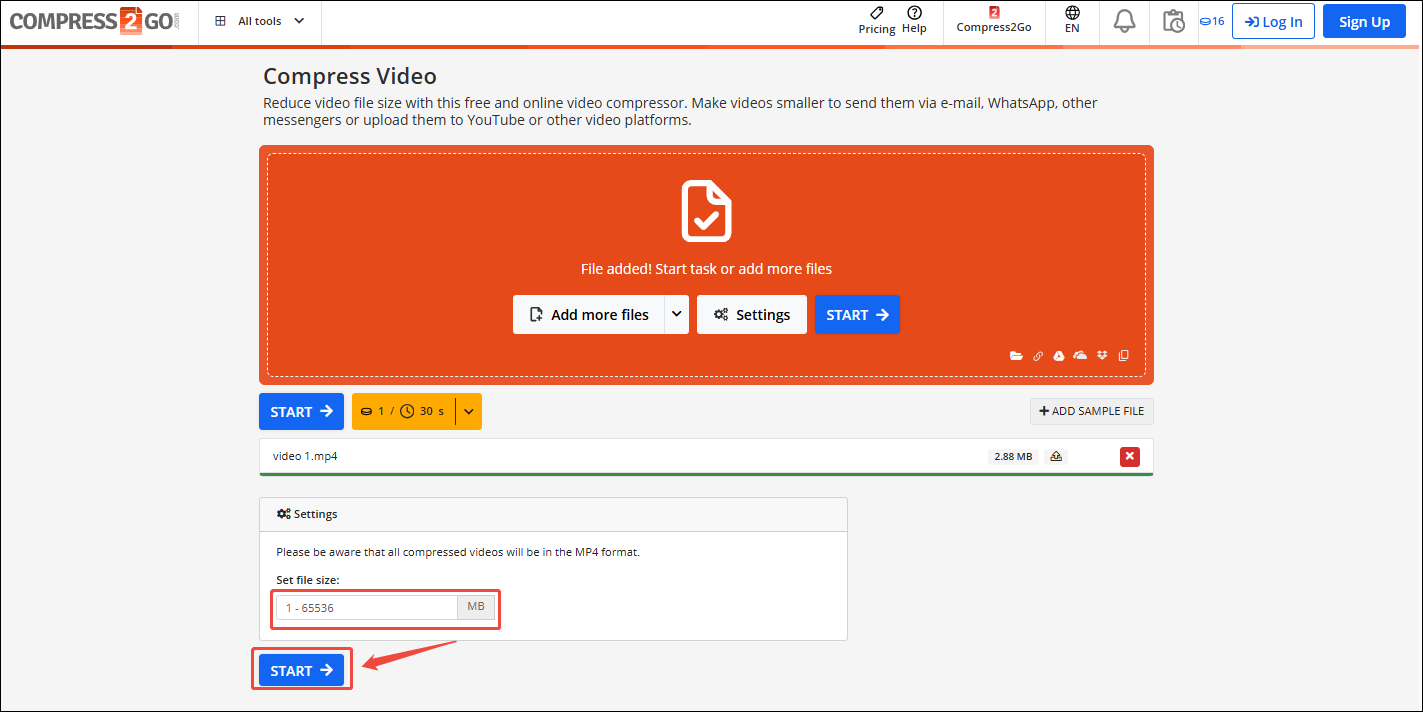 Enter the compressed value and click the START button in Online File Compressor to begin the compression