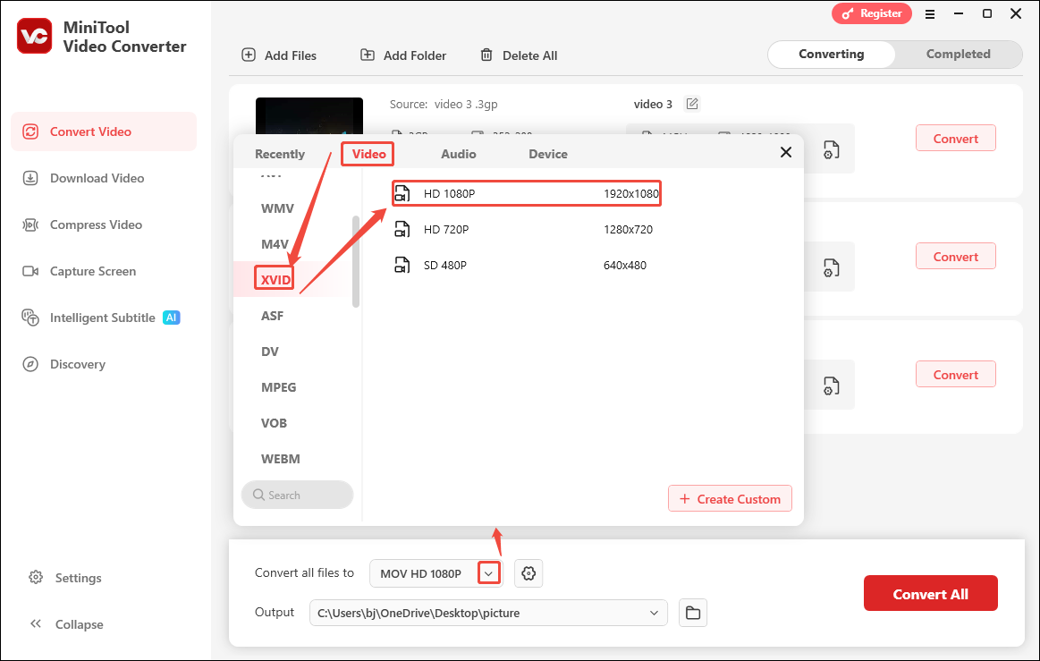 Choose XVID in the output format window of MiniTool Video Converter as the output format