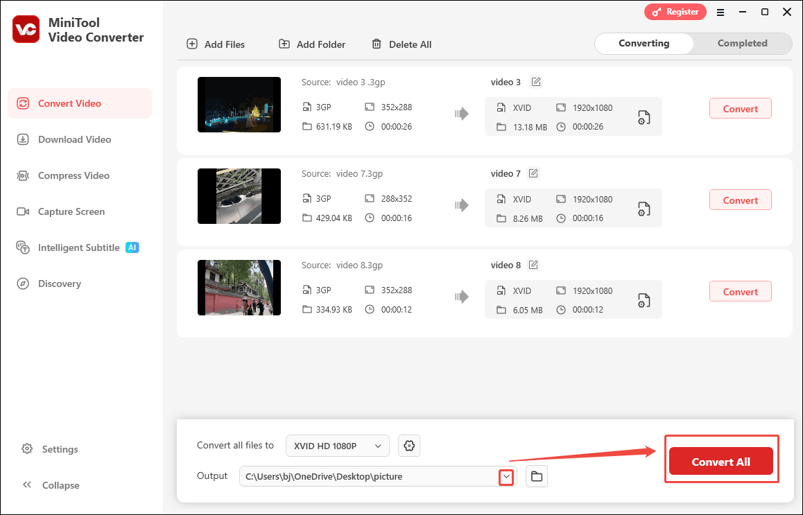 Expand the Output option and click the Convert button in MiniTool Video Converter to start the conversion