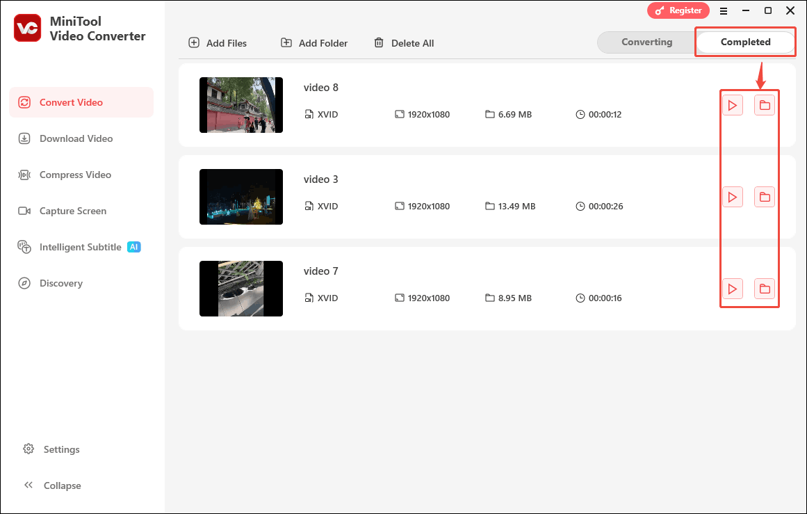 Click the Play icon or Folder icon in MiniTool Video Converter to view or locate the converted files