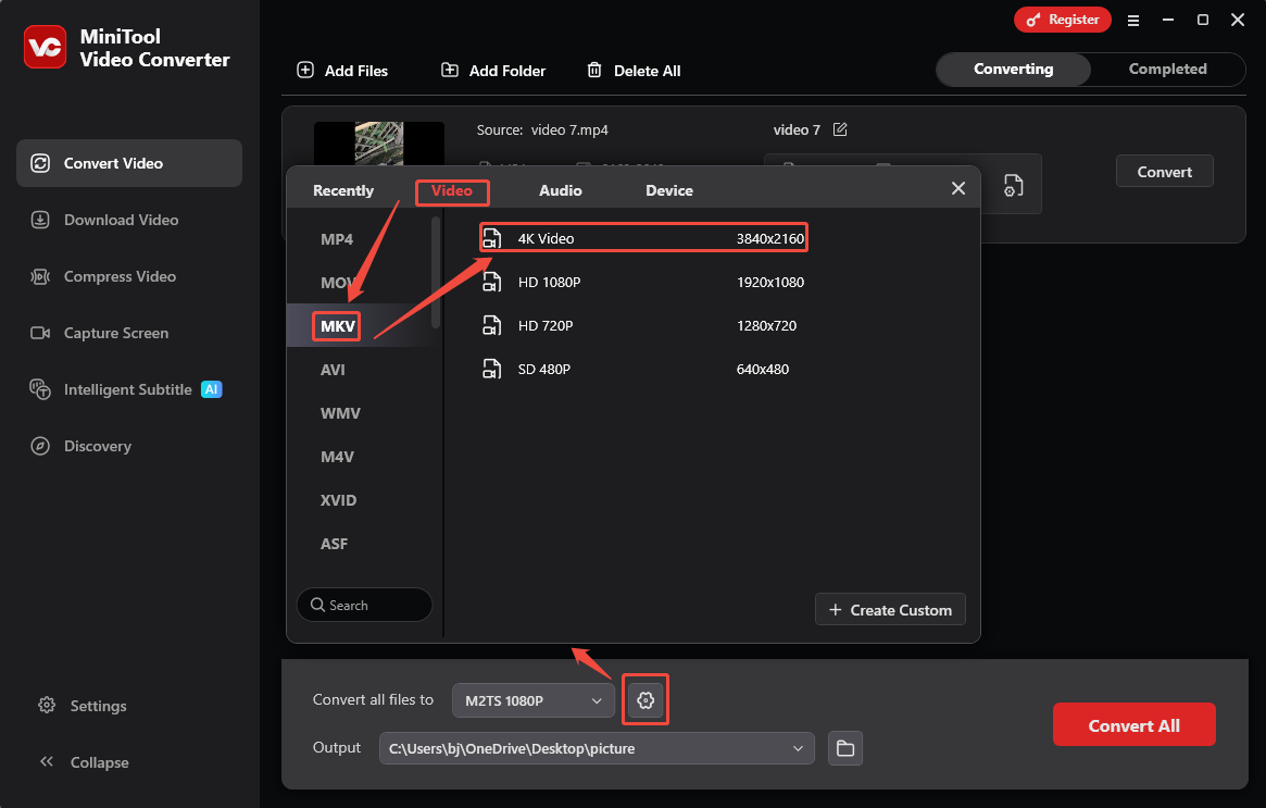 Choose MKV in the output format window of MiniTool Video Converter as the output format
