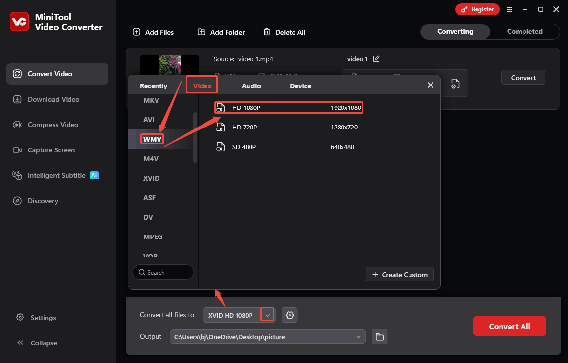Choose WMV in the output format window of MiniTool Video Converter as the output format