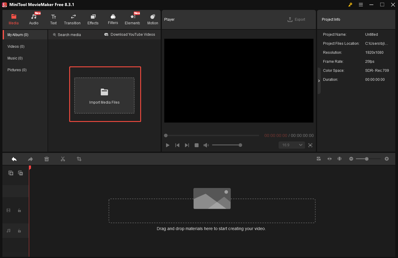 Click the Import Media Files region in MiniTool MovieMaker to import the 4K file