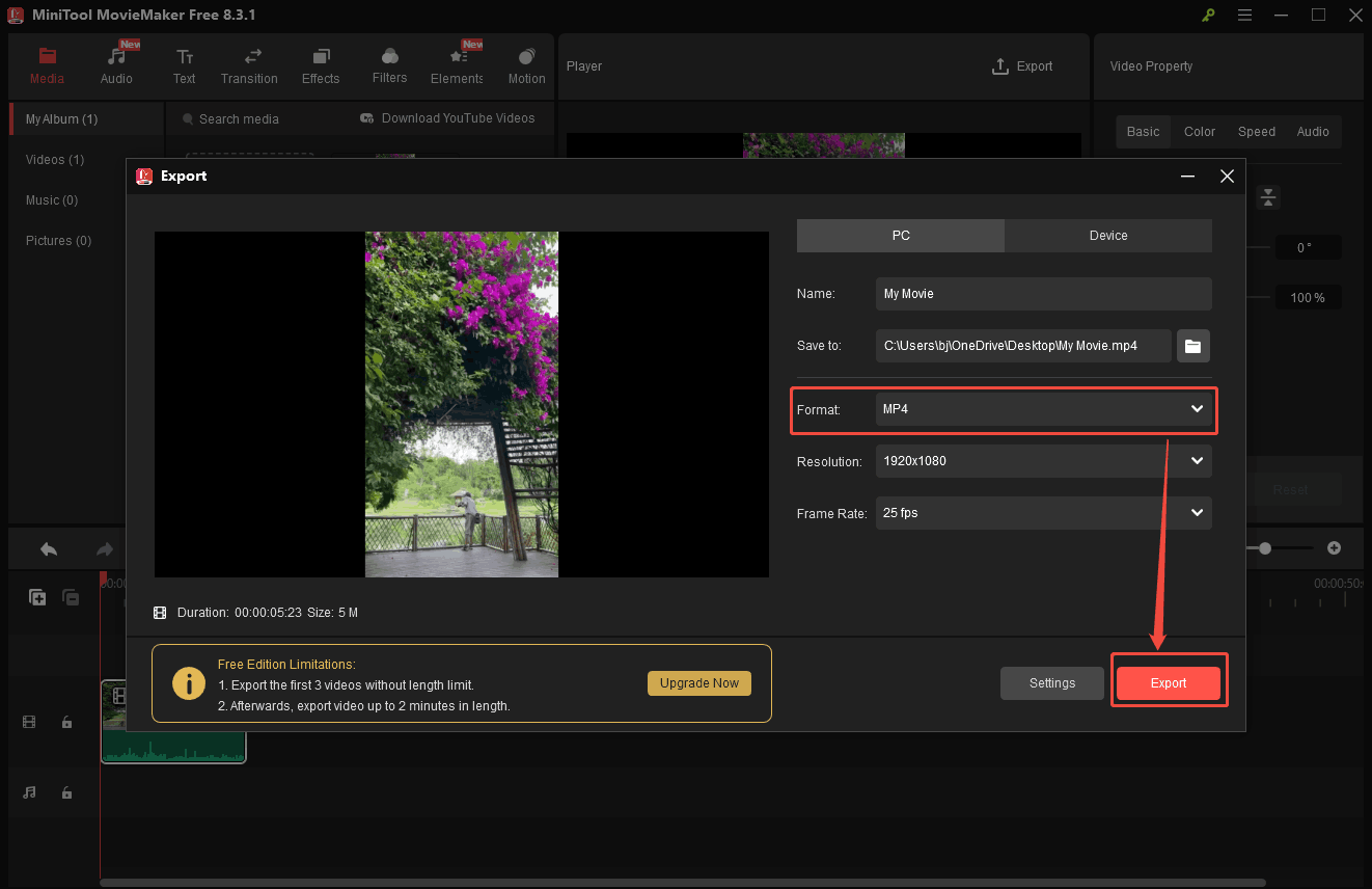Expand the Format option and click the Export button in the Export window to choose WMV