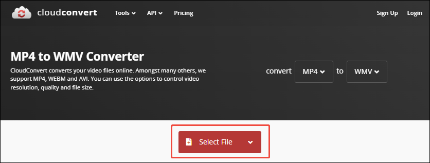 Click the Select File option in CloudConvert to upload the 4K Video