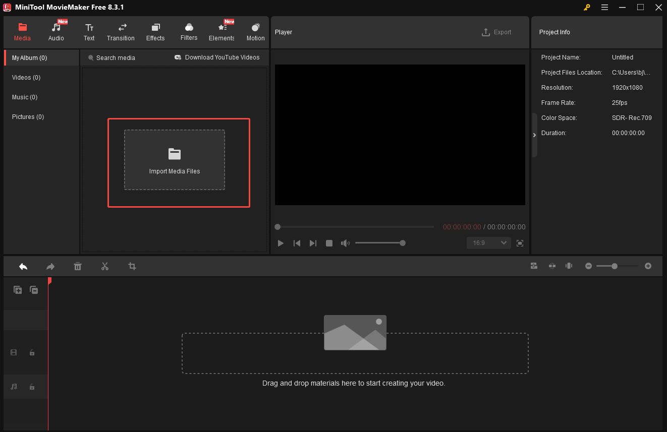Click the Import Media Files area in MiniTool MovieMaker to import the FLV file