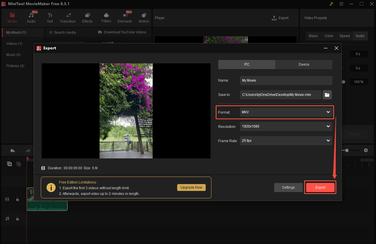 Choose WMV as the output format and click on Export in MiniTool MovieMaker to save the converted video