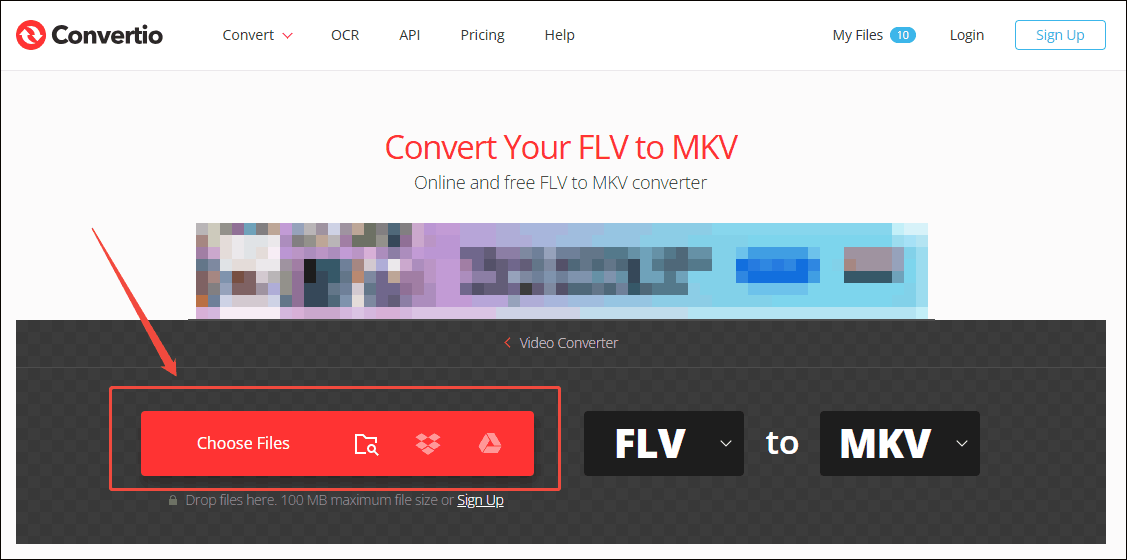 Click the Choose Files option in Convertio to import the FLV file