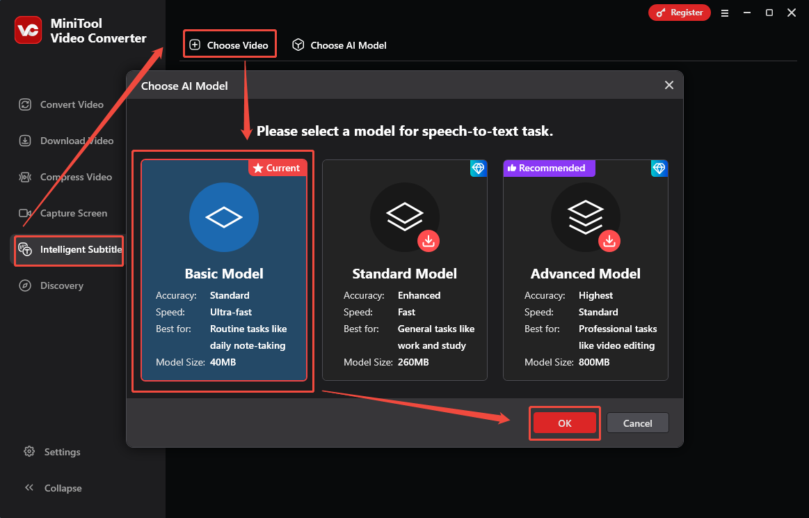 Click on Choose Video to select the AI model and click on the OK button in MiniTool Video Converter to download it