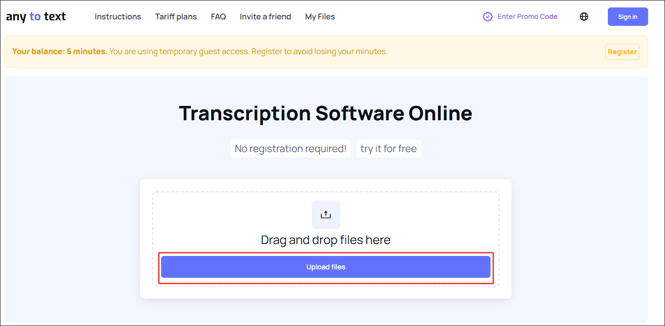 Click on Upload files in Any2Text to upload the Instagram video