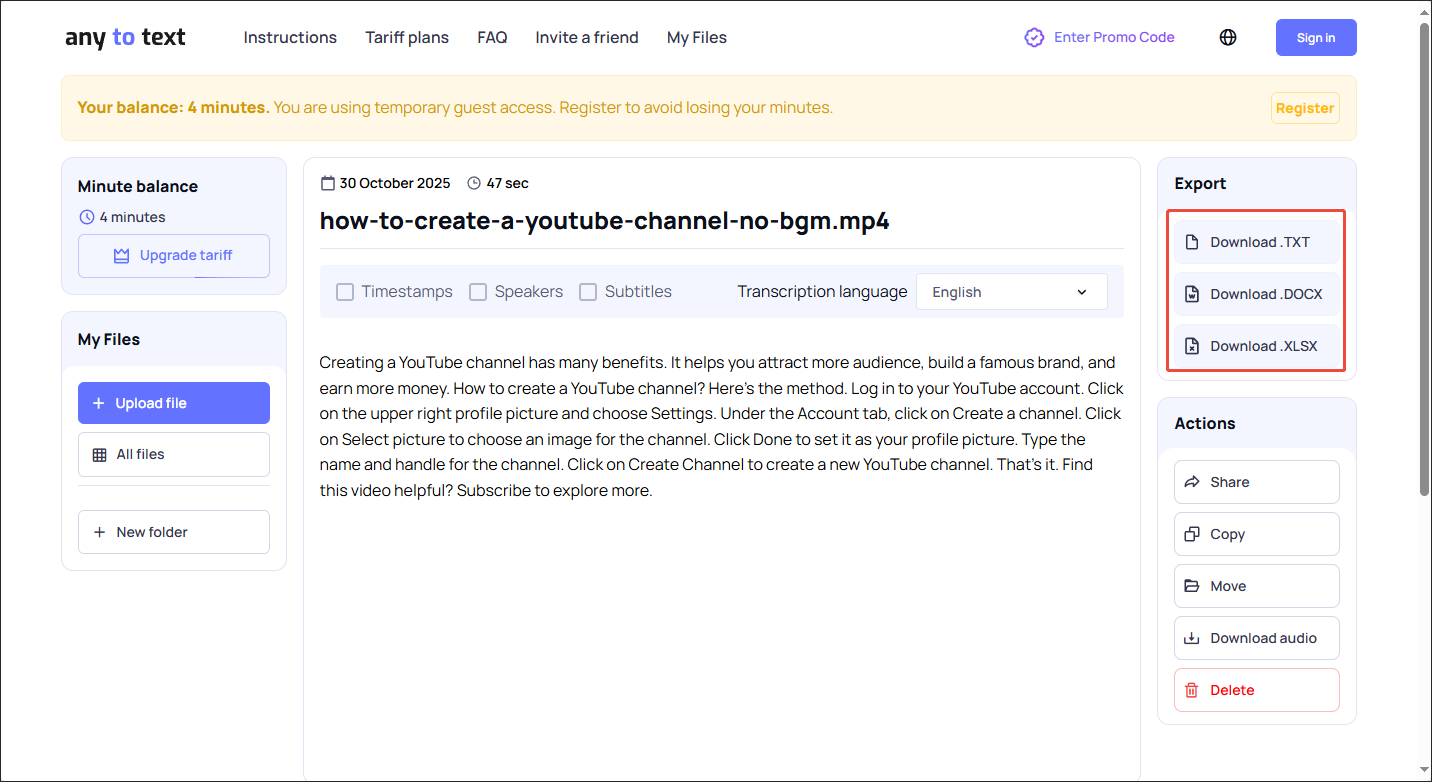 Click on the Download button in Any2Text to download the text file