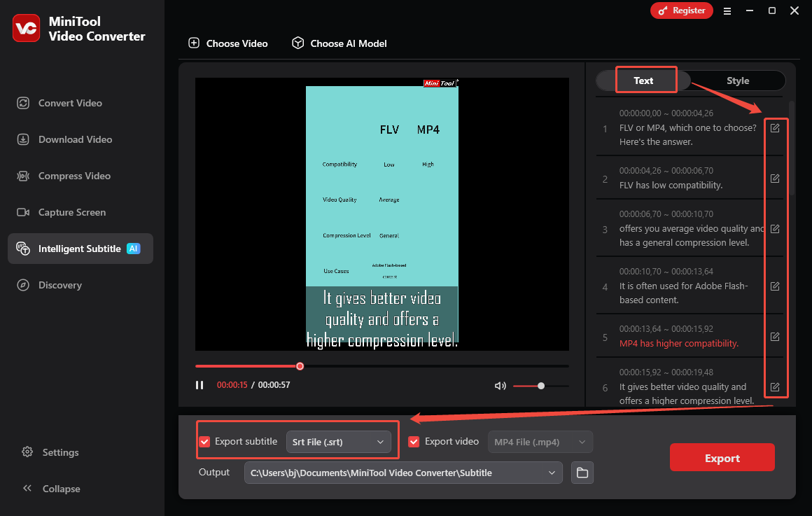 Click on the Edit icons to edit the text and expand the Expand subtitle option in MiniTool Video Converter to set the output format for the text file