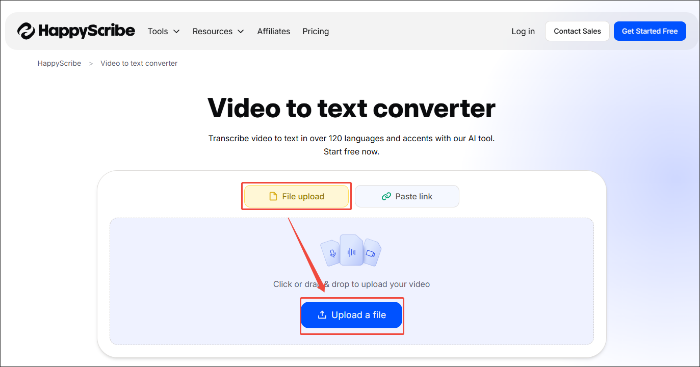 Click on the Upload a file button in HappyScibe to import the Instagram video